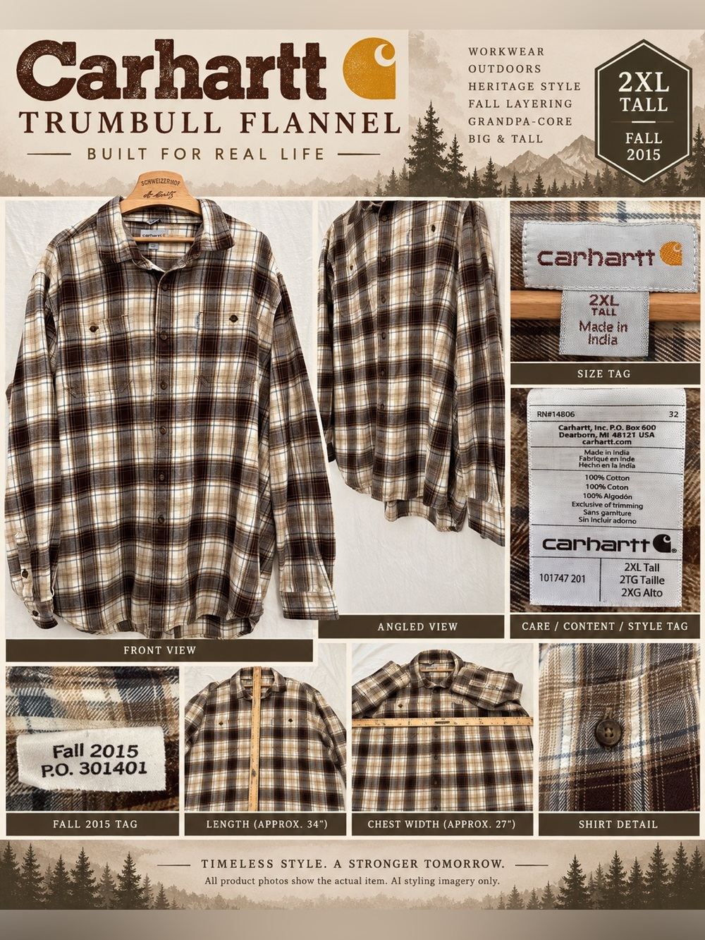 Carhartt Trumbull 101747 Plaid Flannel Shirt 2XL Tall Brown Relaxed Fit 2015 EUC